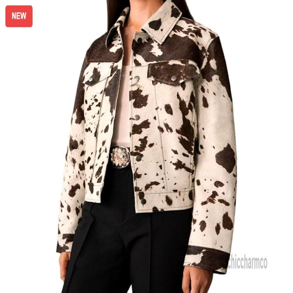 Animal Print Denim Jacket Cropped Button Up Long Sleeve Casual Motorcycle Style